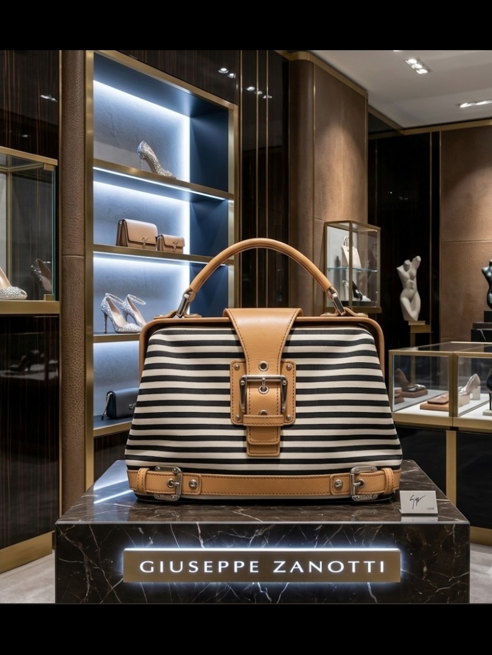 Giuseppe Zanotti Black & White Striped Canvas Top-Handle Tote with Tan Trim-EUC!